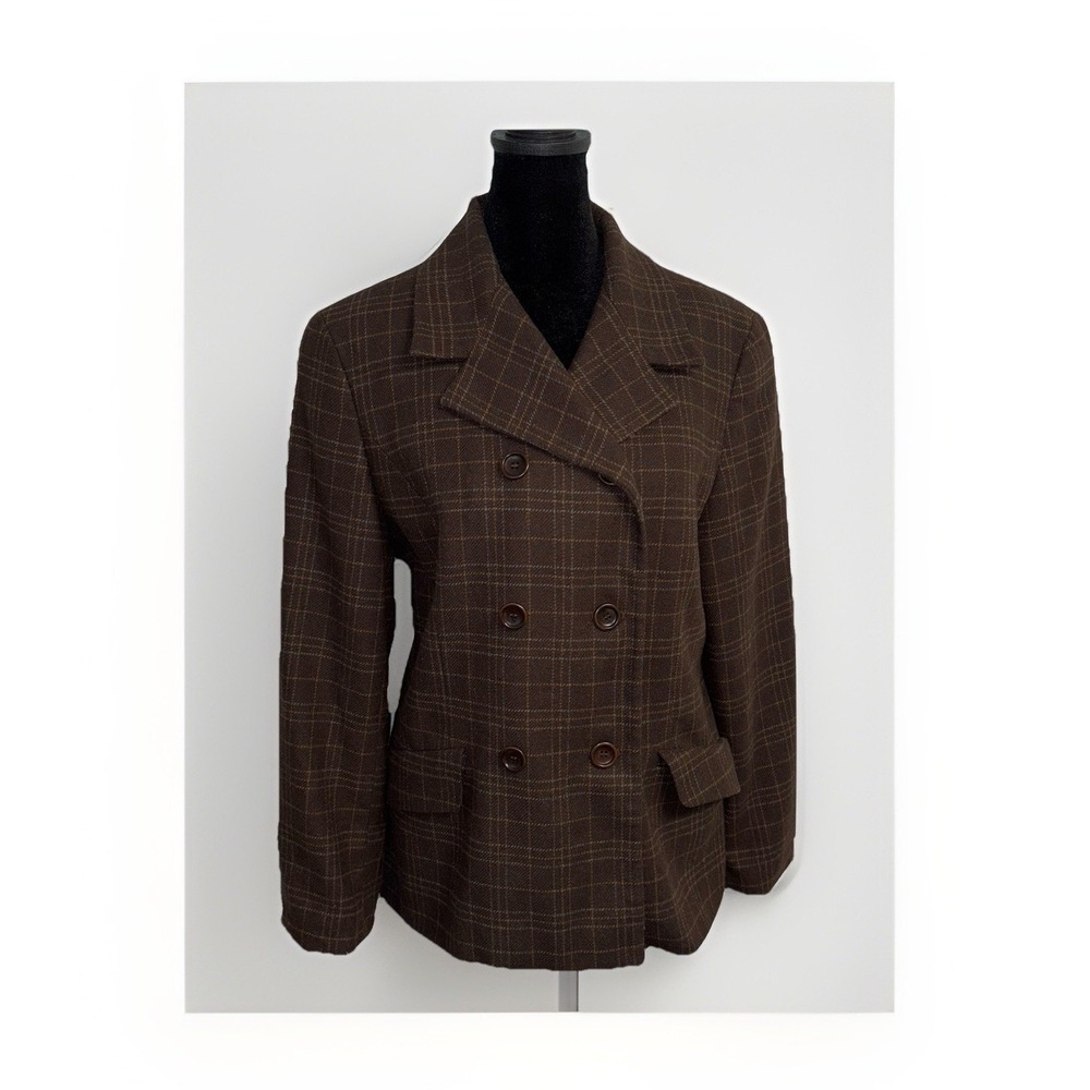 Vintage Ann Taylor Loft Brown Plaid Wool Double Breasted Blazer Size 10P